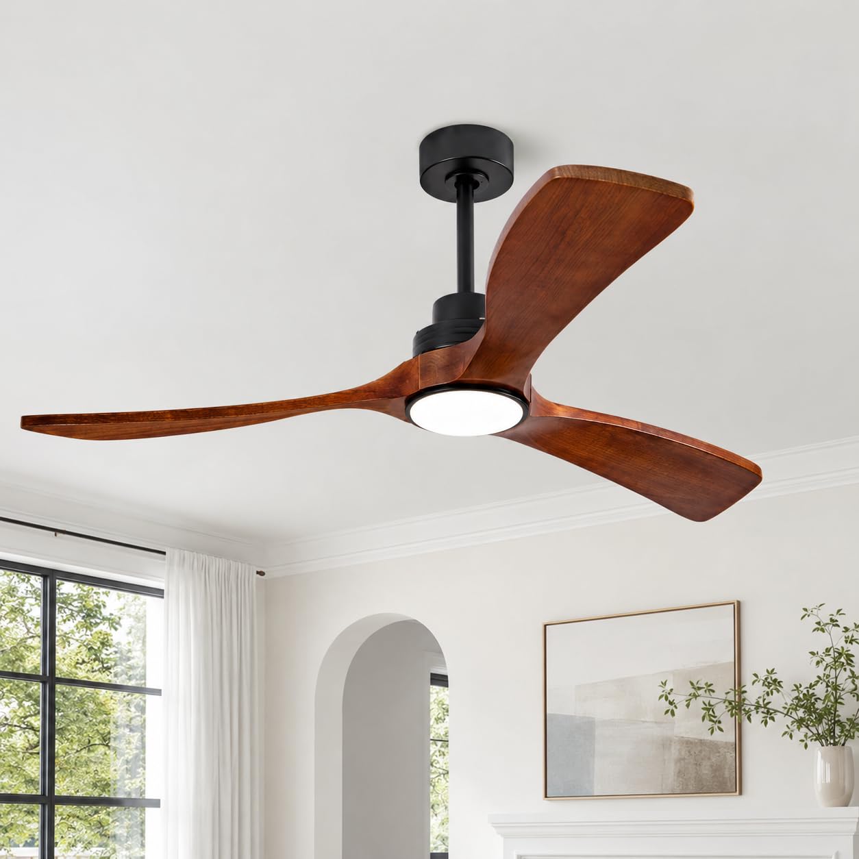 JC Sunjoy Ceiling Fan with Lights, 52 Inch Solid Wood 3 Blade Fan with Remote, Dimmable 3 CCT LED, Timer, 6 Speed Reversible DC Motor for Bedroom