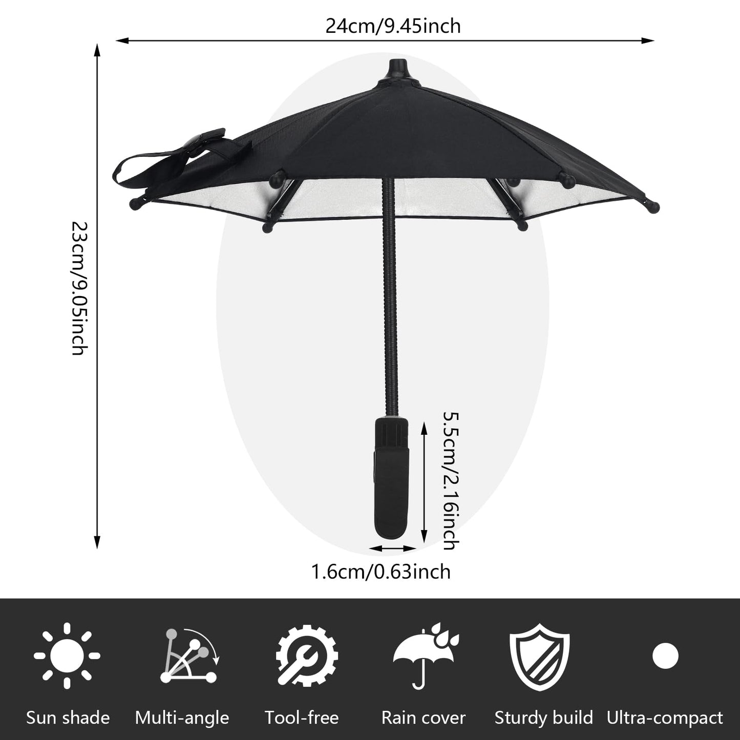 TOUGHMATE Mini Clip-on Phone Umbrella for Sun Flexible Adjustable Handle, Cell Phone Umbrellas Sun Shade Protects from Sunlight and Glare, Universal