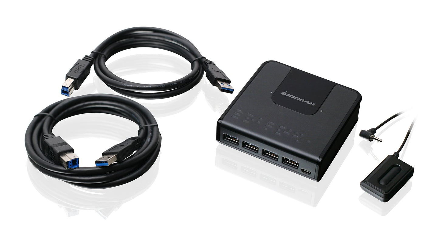 IOGEAR 4x2 USB 3.0 Peripheral Sharing Switch - Share 4 USB Devices Between 2 Computers - LED Indicators - Cables n Remote Included - PC - MAC