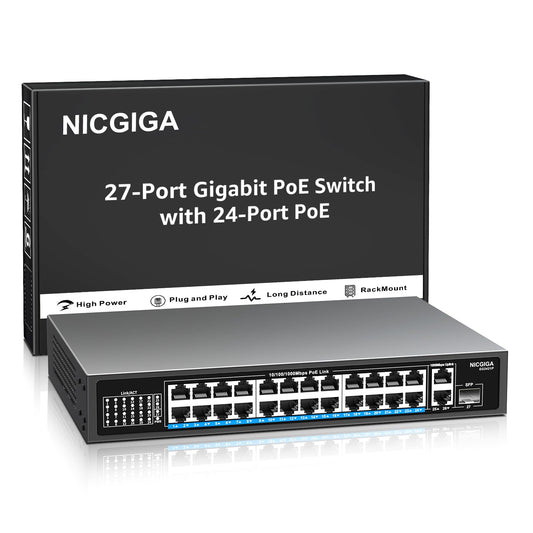 NICGIGA 24-Port Gigabit PoE Switch with 24 PoE+@300W, 2 Gigabit Uplink Ports, 1 SFP, Sturdy Metal for Desktop/Rack Mount, Plug and Play, Unmanaged