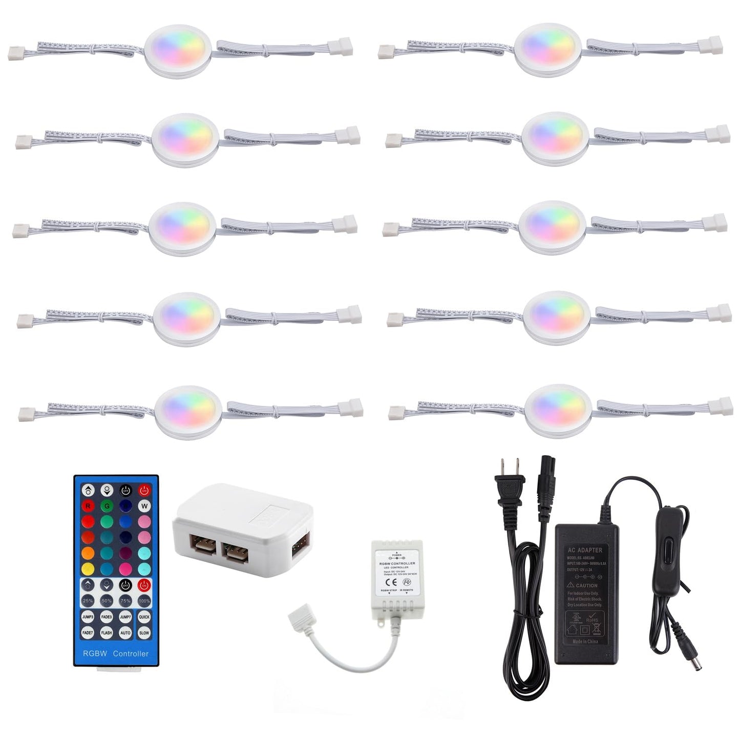 AIBOO 24V Under Counter LED Lights, RGB+White Under Cabinet Lighting Linkable, Color Changing Puck Lights Dimmable with Wireless 40-Key IR Remote