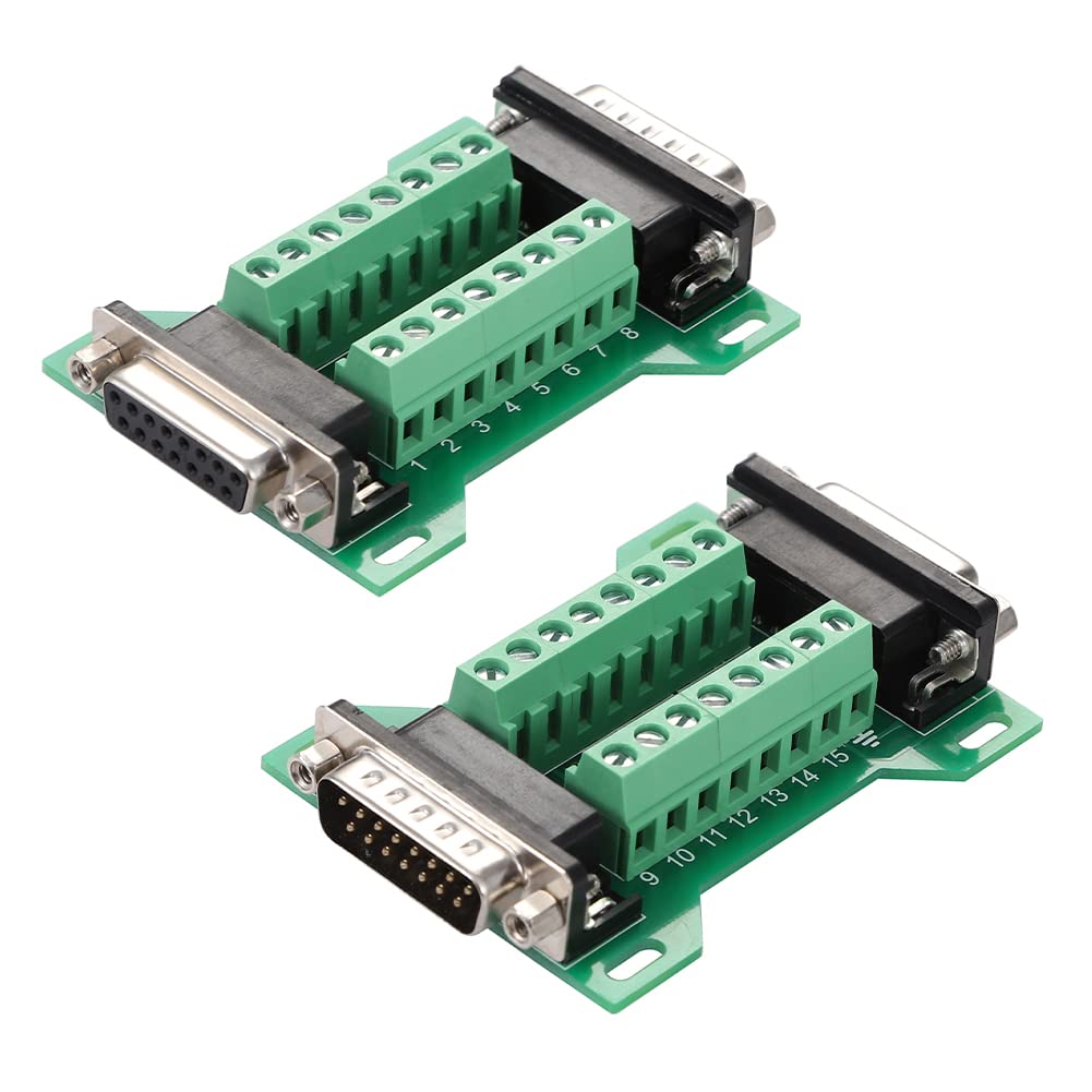 Jienk 2Pcs DB15 Male to Female Terminal Breakout Board, RS232 D-SUB Serial to 15pin Port Terminal Block Gender Changer Connector