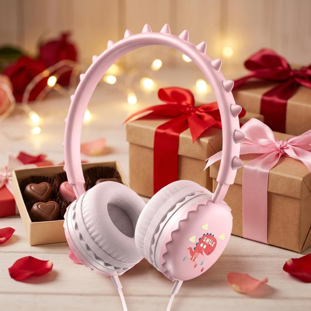 KERHAND Kids Dinosaur Wired Headphones, Pink