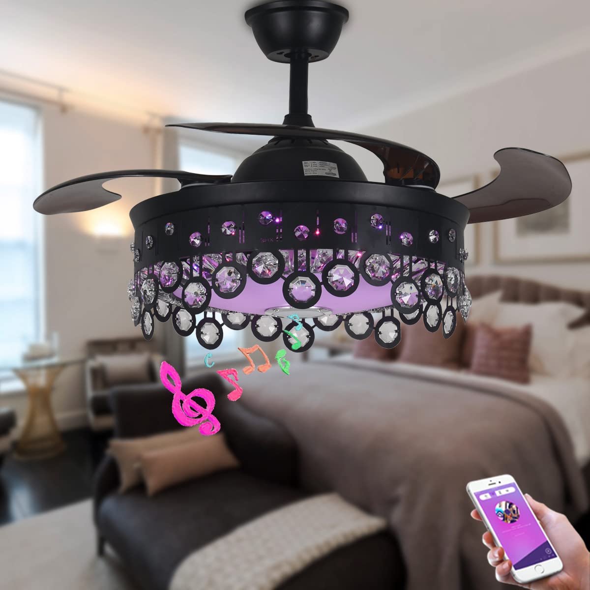 mfanchan 42 Inch Retractable Fan Ceiling Light, Fan Fandelier with Speaker
