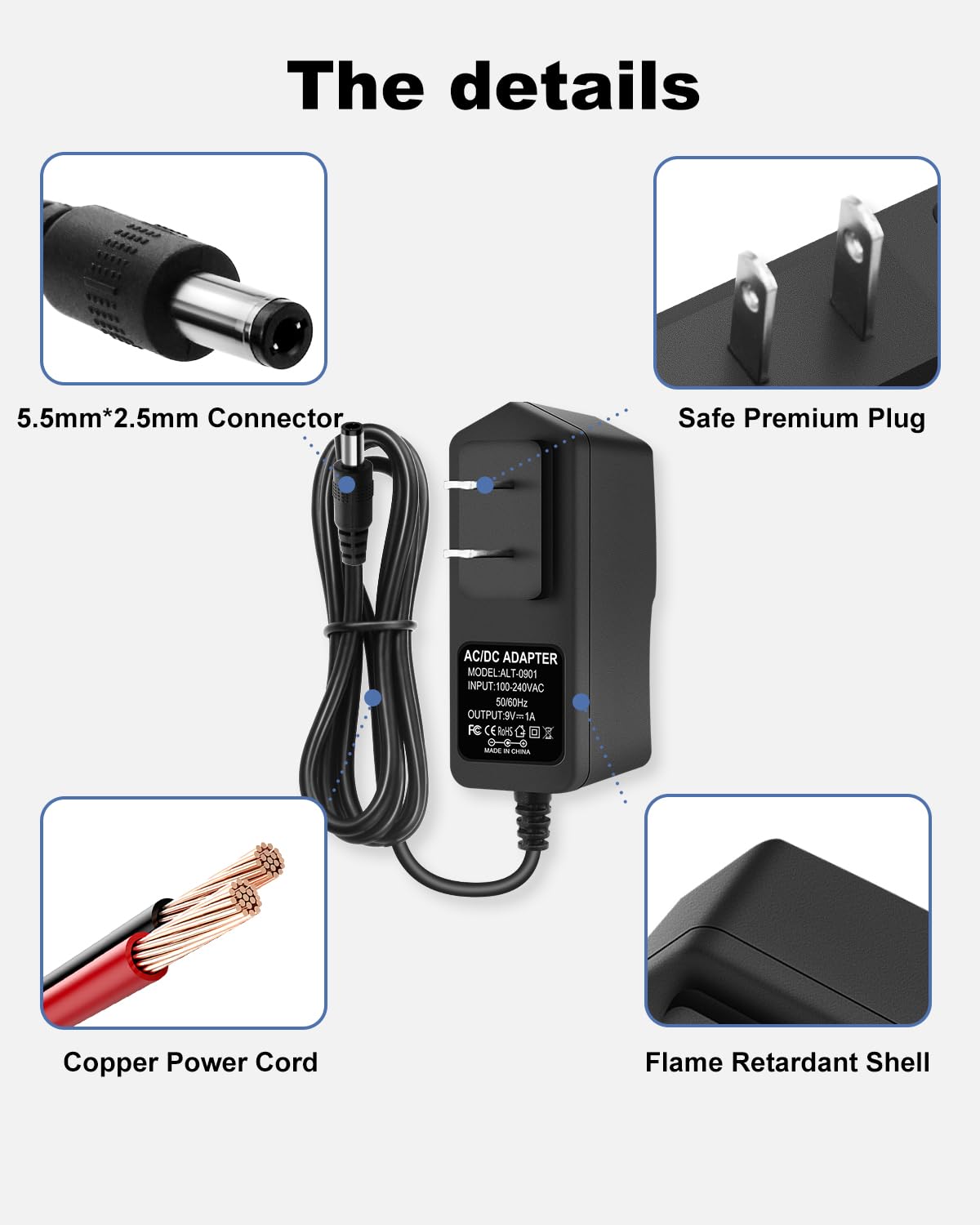 9V 1A DC Power Adapter, AC 100-240V 50-60Hz to DC 9 Volt 1Amp Power Supply Cord with 【5.5mm x 2.5mm Barrel Jack - Tip Center Positive】