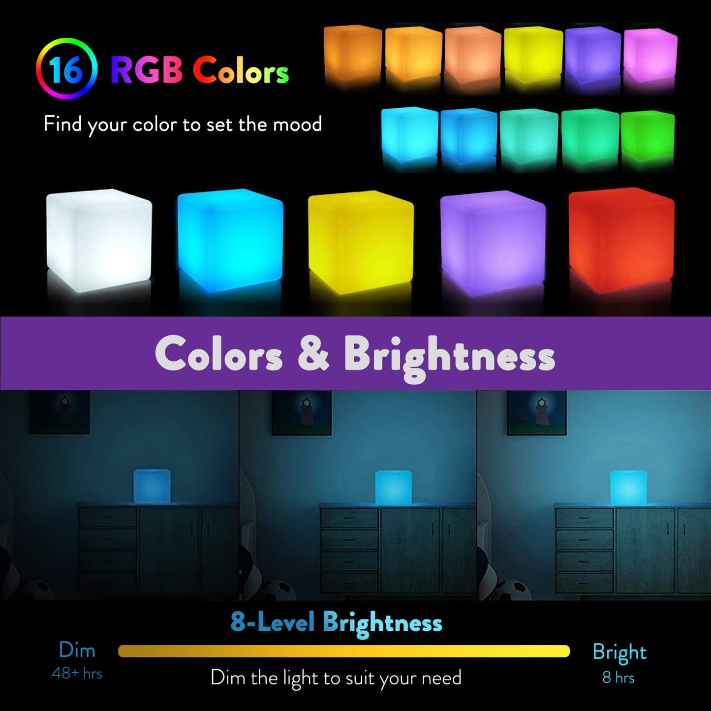 Mr.Go Rechargeable LED Color-Changing Light Cube 8", Dimmable Soothing Mood Lamp with Remote, 16 RGB Colors 4 Modes, Waterproof Cube Lights for Home