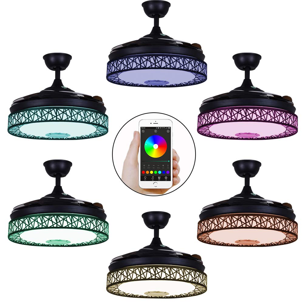 KPIBEST Retractable Ceiling Fan with Lights and 7 Colorful Dimmable, 42 Inch Modern Bluetooth Black Chandelier with Ceiling Fans and Remote Control 3