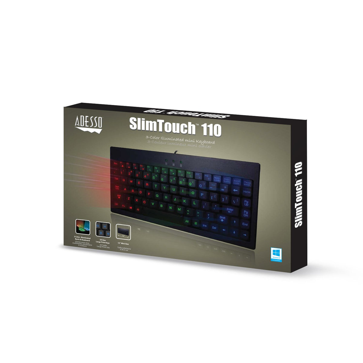 Adesso AKB-110EB SlimTouch 110 3-Color Mini Keyboard, 12 Inches, Black