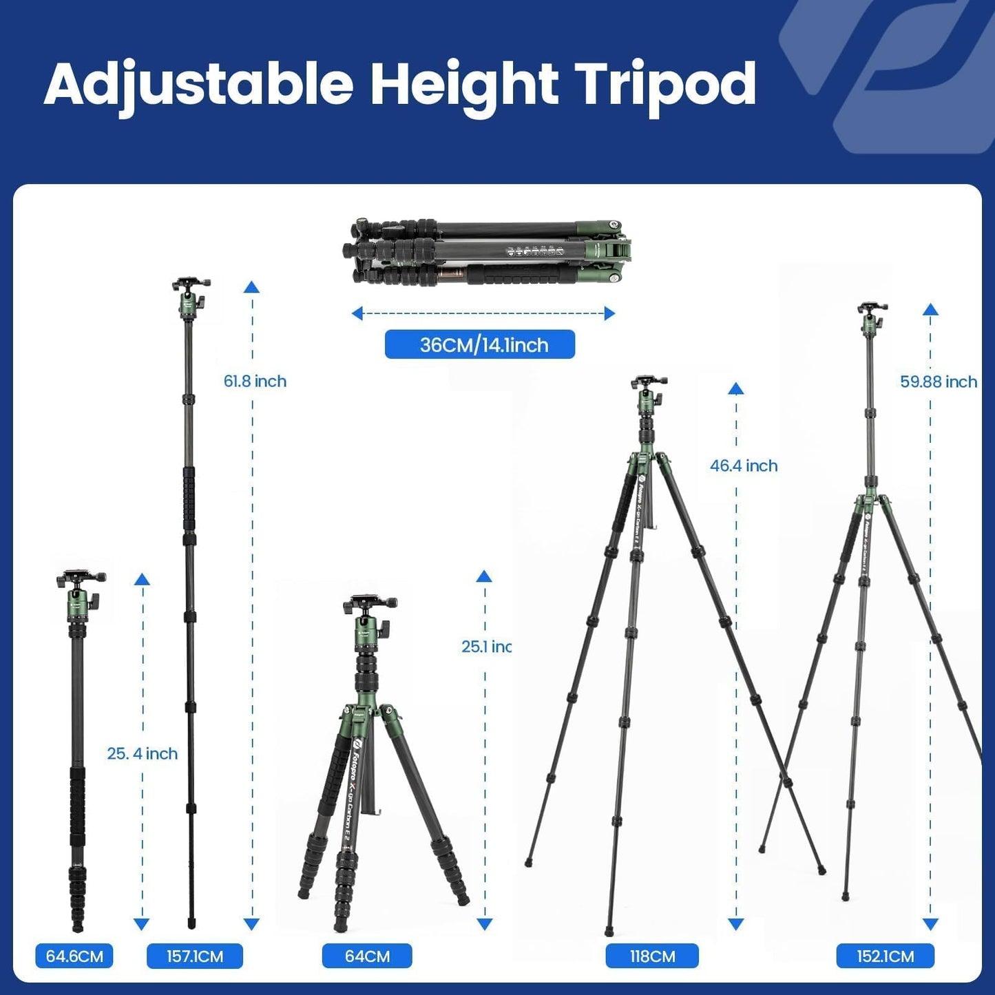 Fotopro 60inch Carbon Fiber Tripod Compact Camera Tripod with Ball Head Quick Release Plate Detachable Monopod Load up to 17.63lbs X-go E 2 Carbon
