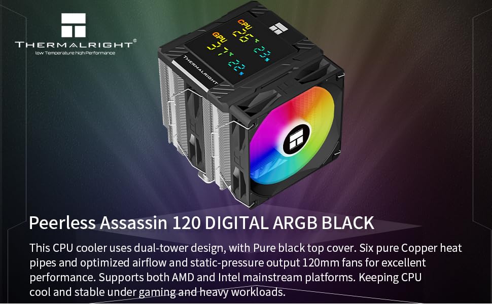 Thermalrlght Peerless Assassin 120 Digital ARGB Black CPU Cooler, Double 120mm PWM Fans with 1850RPM Speed, Support Intel