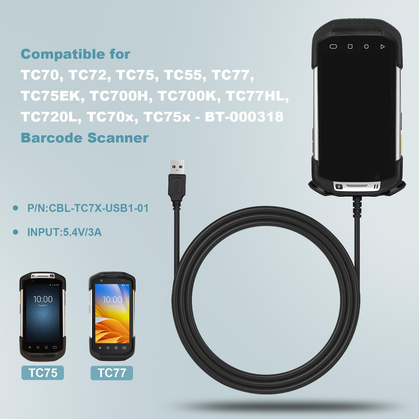 for Zebra Scanner TC77 USB Charger Cable: USB Charging Data Transfer Cord for Symbol TC70 TC77 TC75 TC72 TC55 TC75EK TC700H TC700K TC77HL TC720L TC70x