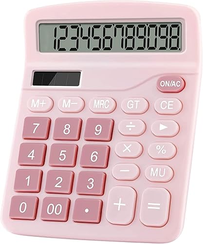 Cute Desktop Basic Calculator for Kids, Dual Solar and Battery Power, Simple 4 Functions and Basic Financial Calculations with Big Buttons and 12