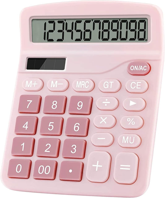 Cute Desktop Basic Calculator for Kids, Dual Solar and Battery Power, Simple 4 Functions and Basic Financial Calculations with Big Buttons and 12