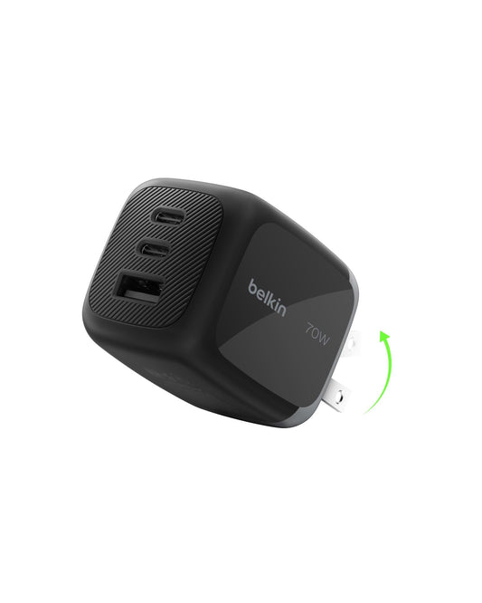 Belkin 3-Port USB C Charger Block 70W, Multi-Port GaN Wall Charger w/ 2X USB C Ports & 1x USB A Port, Fast Charging for MacBook, iPhone 17, iPad Pro