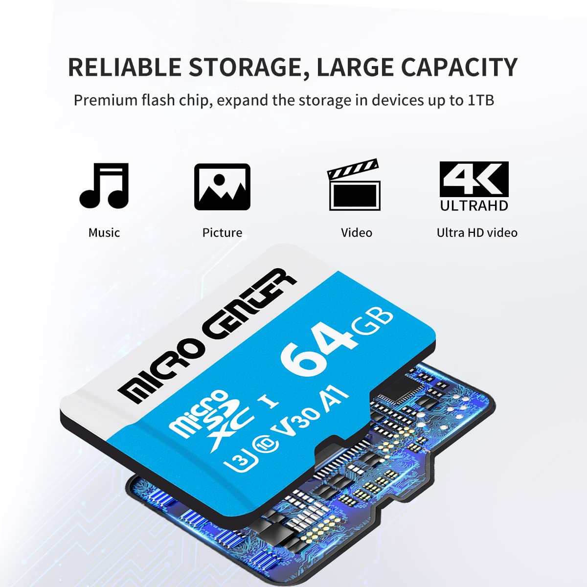 Micro Center Premium 64GB microSDXC Card, Nintendo-Switch Compatible Memory Card, UHS-I C10 U3 V30 4K UHD Video A1 Micro SD Card with Adapter (64GB)