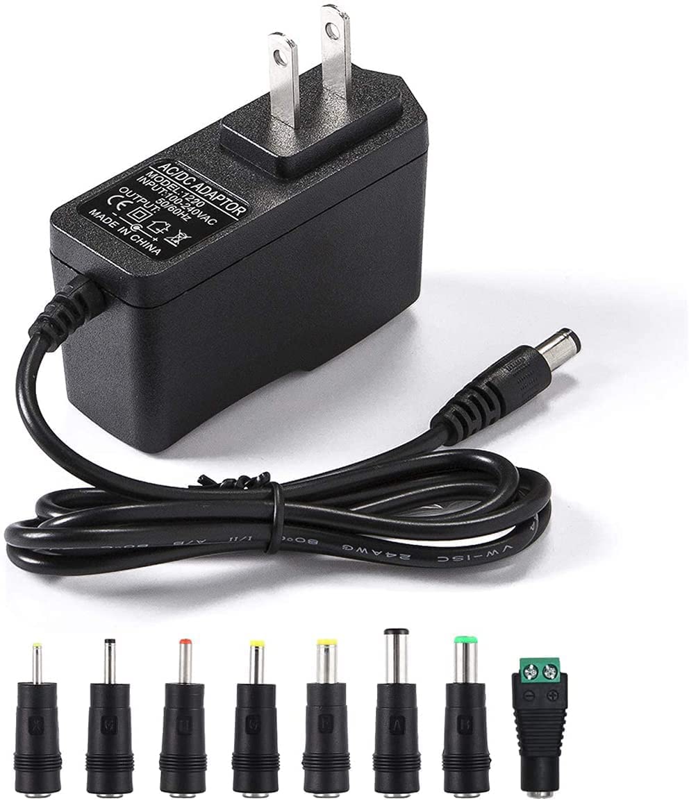 12V 2A Power Supply AC Adapter Replacement with 8 Tips, Regulated 12 Volts 2000mA Cord Charger for LED Strip Light, CCTV Camera, GPS, Webcam, Router…
