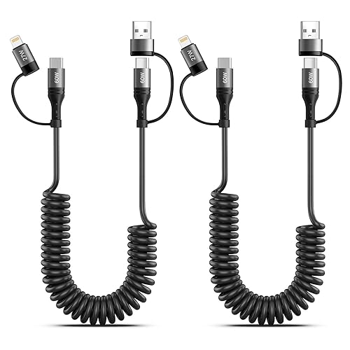 60W Coiled USB C Cable,iPhone Charger Cable for Car 2Pack 4FT [MFi Certified] Coiled Lightning Cable Fast Charging USB C to Lightning Cord
