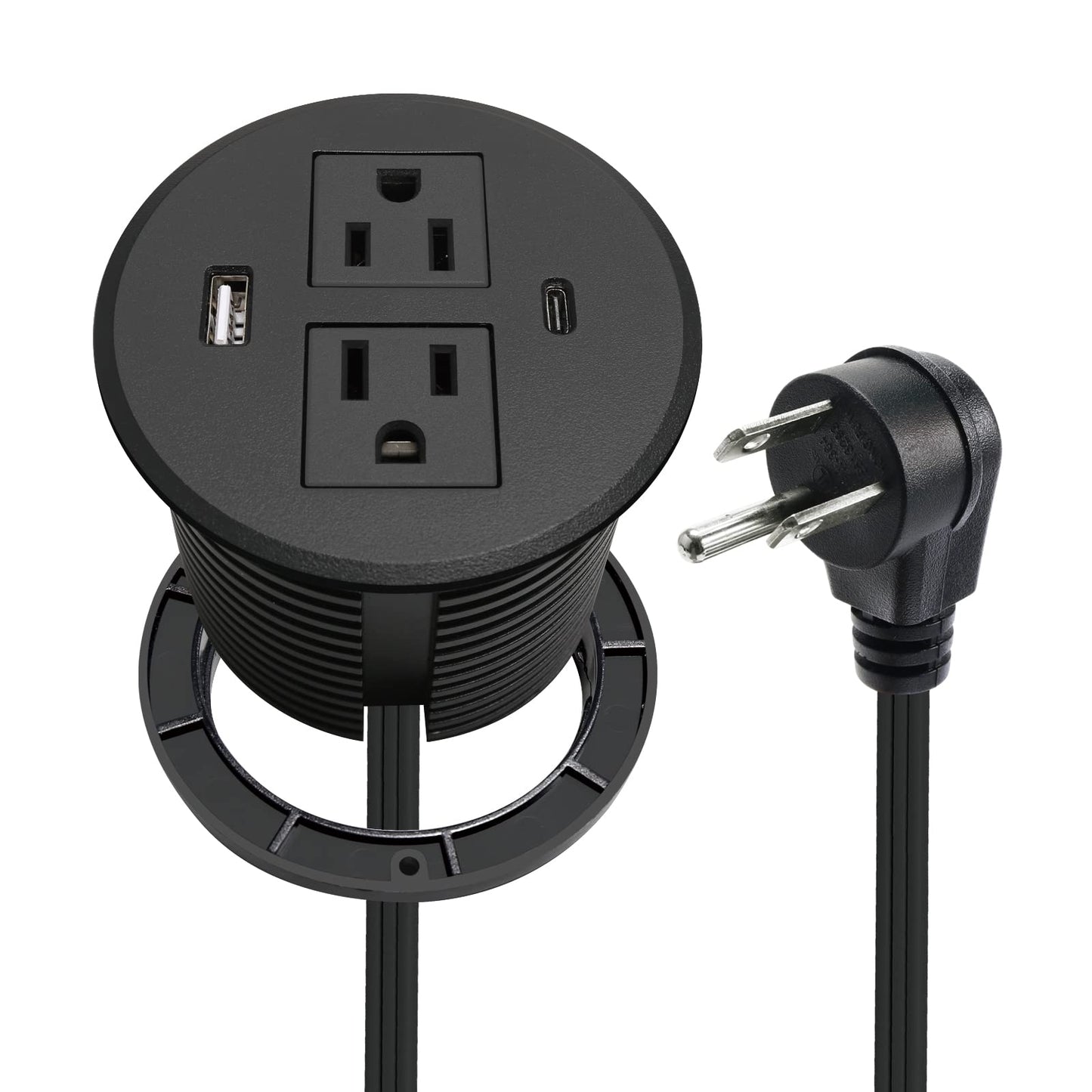 Desk Power Grommet USB C Total 30W, 3.15 Inch PD Fast Charge Desktop Power Strip 2 Outlets 2 USB Ports Recessed Flat Plug Extension Cord Mount into