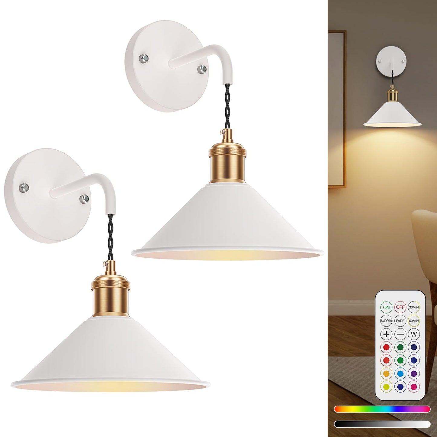 Eclipterra Battery Operated Wall Sconce Set of 2, Dimmable Wireless RGB Wall Sconce Decor with Remote Indoor Cordless Wall Lamp Lighting for Bedroom