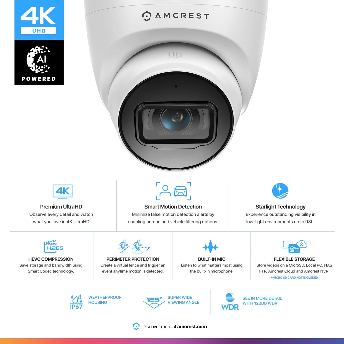 Amcrest Refurbished 4K (8MP) Outdoor Security IP Turret PoE Camera, 3840x2160, Human & Vehicle Detection, 98ft NightVision, 125° FOV, IP67, MicroSD