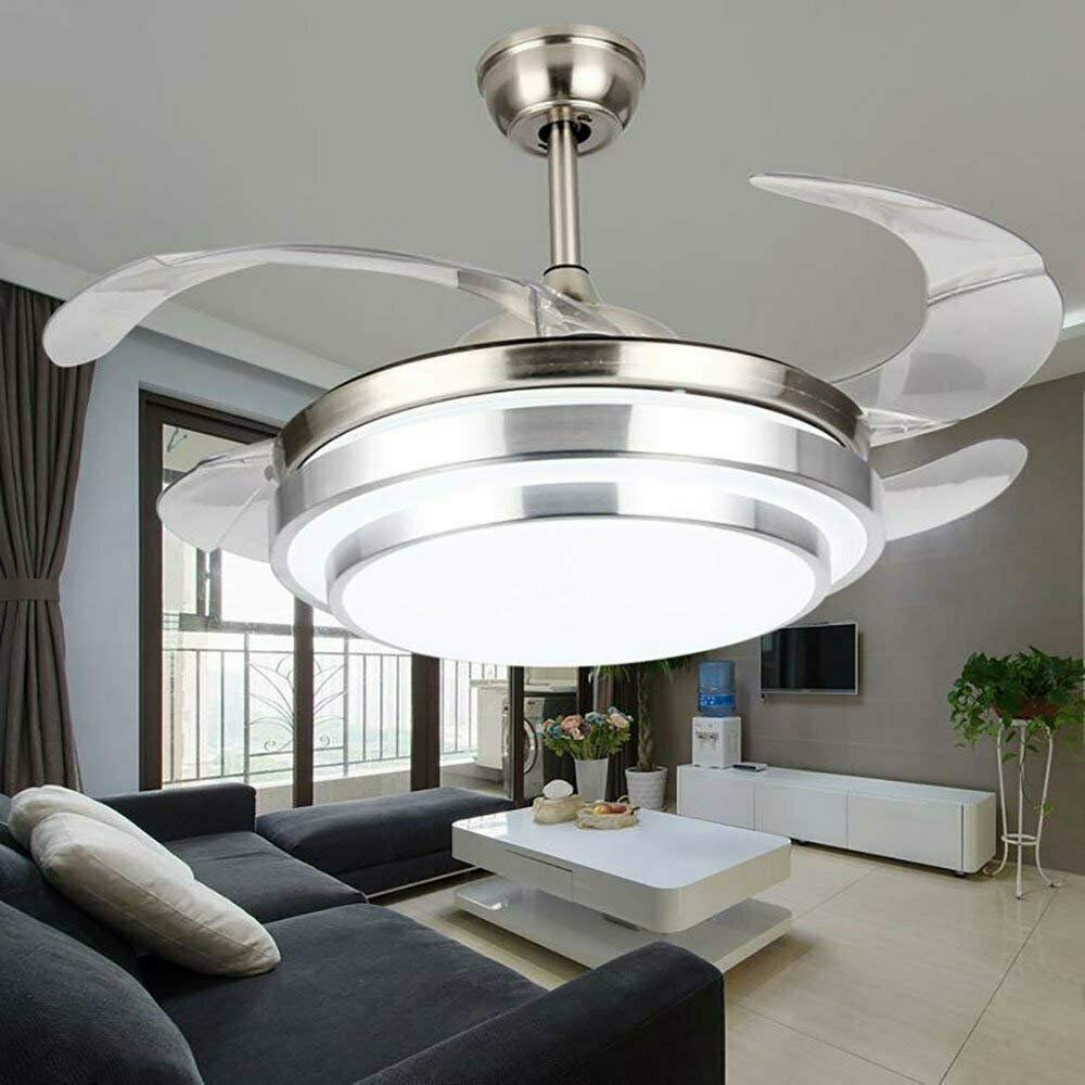 WUPYI 42 Inch Fan Ceiling Light,Invisible Ceiling Fan with Light and Remote Control,LED Three-Color Lights Retractable Blades Chandelier Fan