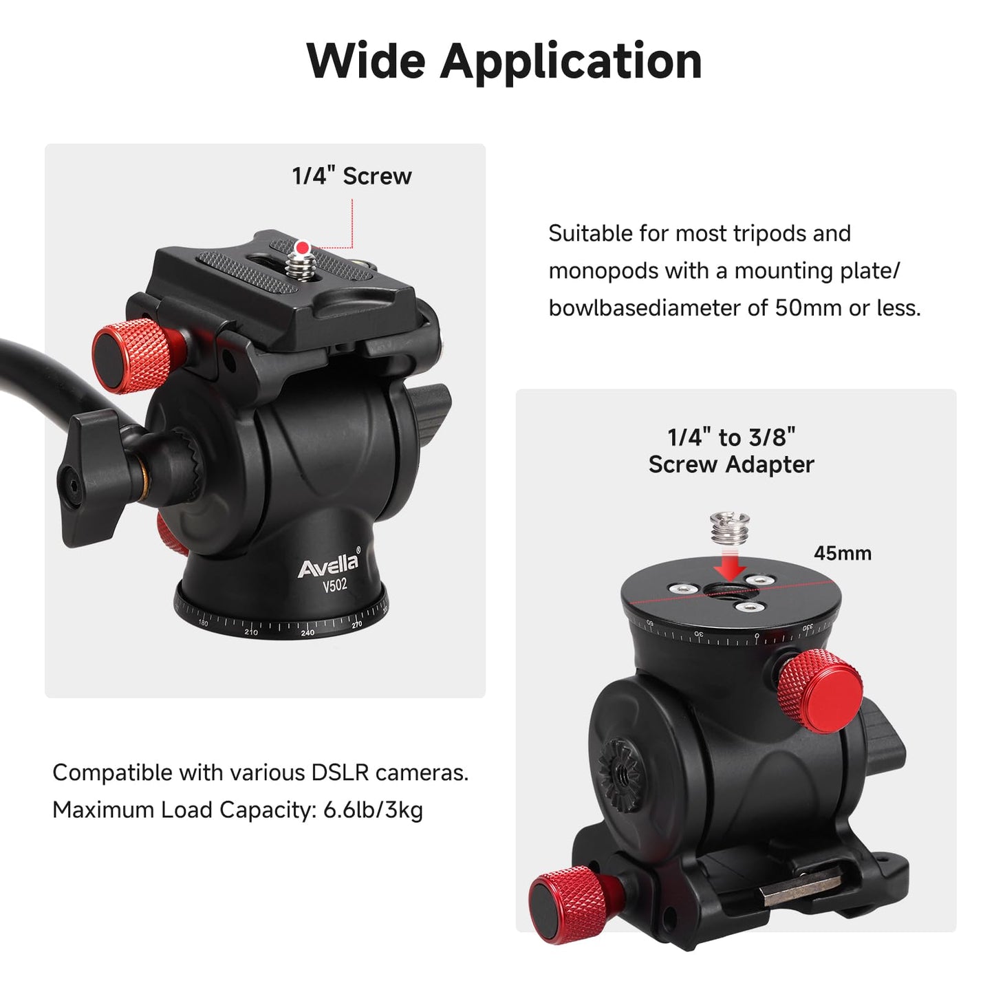Avella Tripod Fluid Head Pan Tilt Head with Arca Type Quick Release Plate and Handle, Metal Panorama Head with Scaled Base for Compact Video Camera