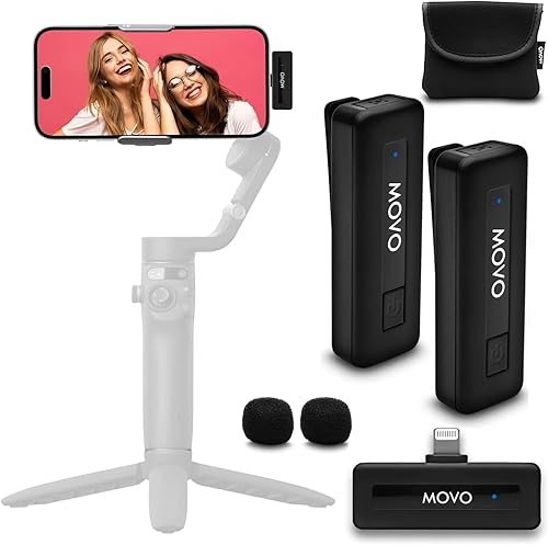 Movo Wireless Mini DI Duo Wireless Microphone - iPhone Video Recording Mic with Lavalier Mic, 10 HR Battery, 164FT Range