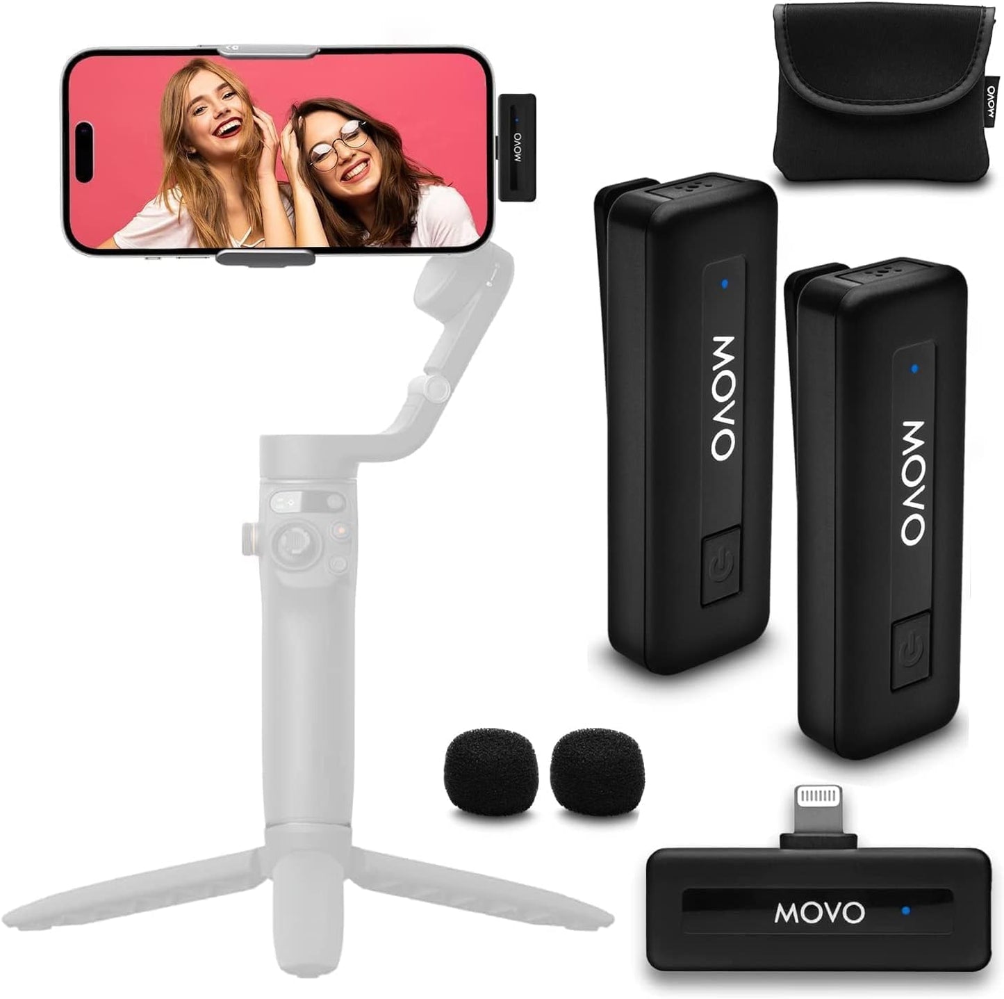 Movo Wireless Mini DI Duo Wireless Microphone - iPhone Video Recording Mic with Lavalier Mic, 10 HR Battery, 164FT Range