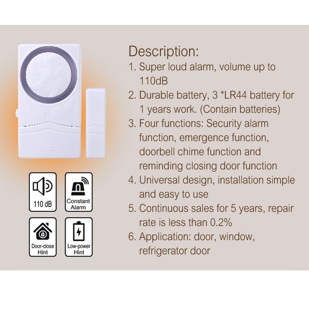 Wireless Home Security burglar alarm, Magnetic Sensor Door Window Alarm, Super Loud 110dB, Pool Door Alarm for Kids Pack of 4