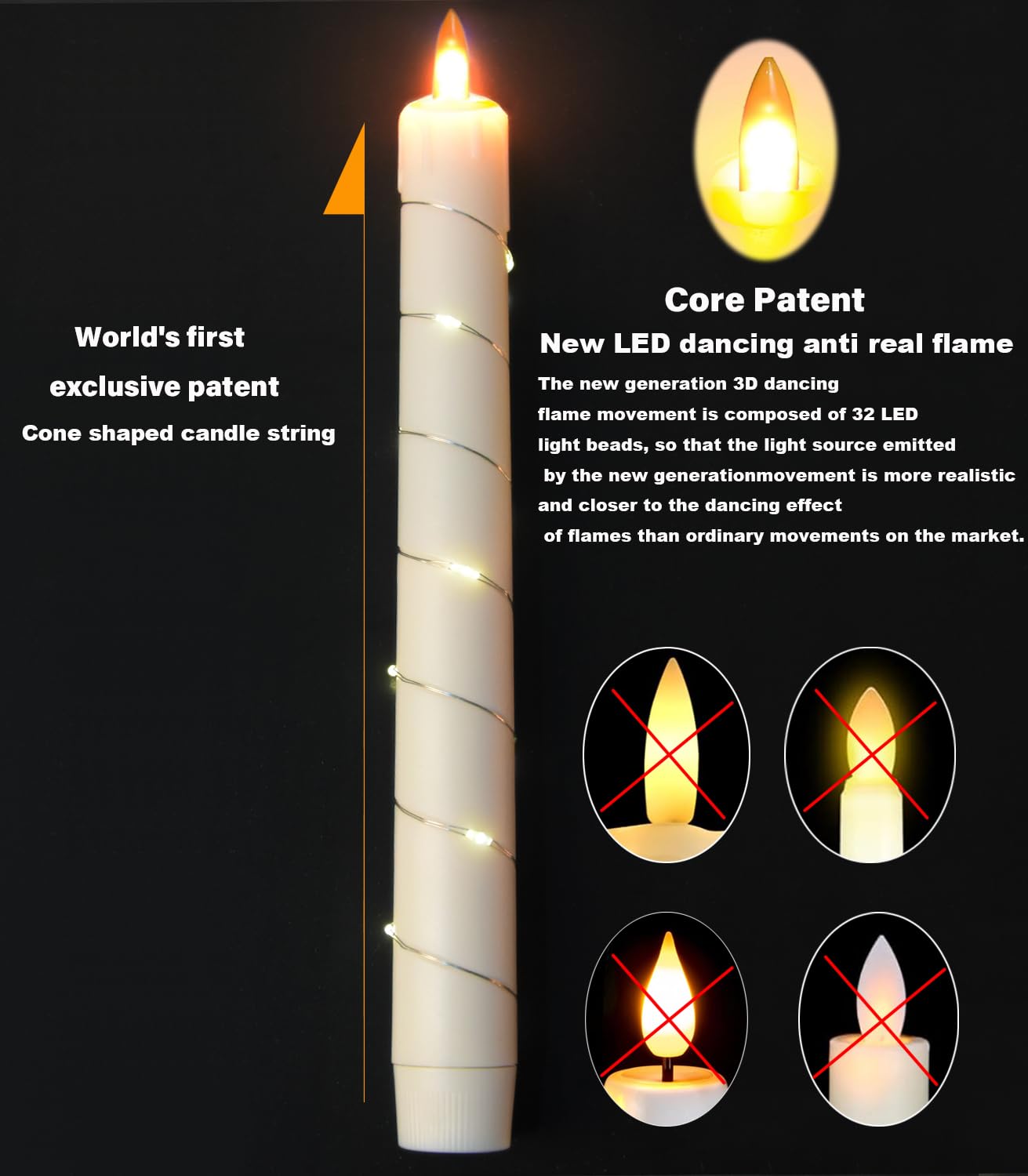 danip flameless Cone Candle, Patented Starlight String, with 11 Timing Key Remote Control, Battery Powered, Patented Simulated Flame, 6 Packs (Ivory