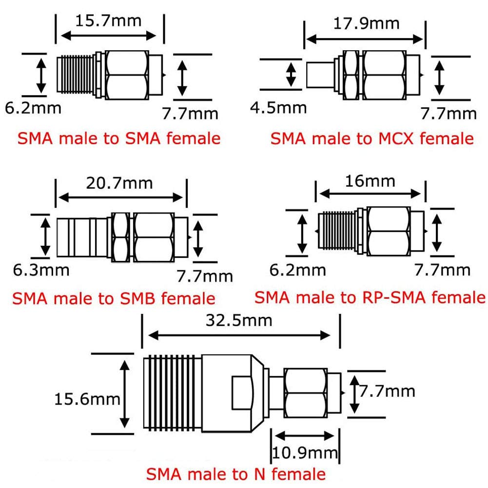 Kaunosta SMA Adapter Kit 10PCS,SMA Male to UHF, BNC, RPSMA, TV, MCX, F-Type, N, TNC, SMB, Nickel Gold-Plated RF Connectors for Antennas and Wireless
