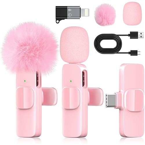 KoXeetech Pink Mini Wireless Microphone for iPhone & Android, Lavalier Microphone with Noise Cancellation, Plug & Play Pink Mic for YouTube, TikTok