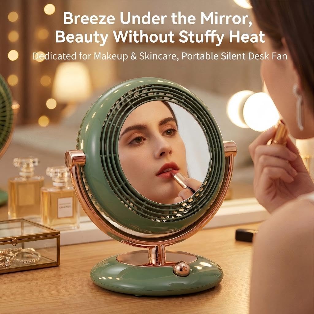 EZMind Retro-Style Makeup Mirror Desktop Portable Fan, Desktop Dressing Mirror with Built-in Fan, Equipped with LED Lighting, Warm and Cool Tone