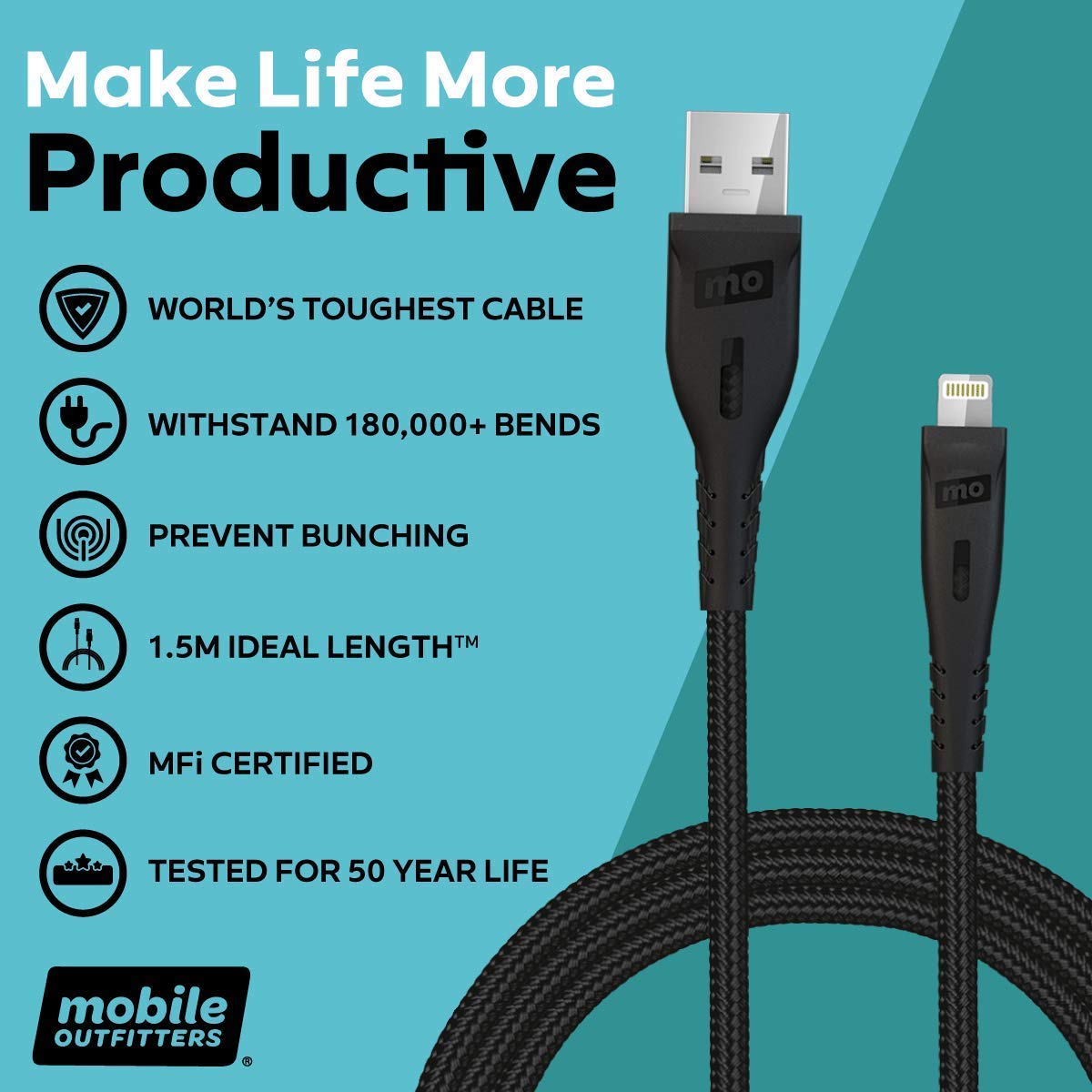 Mobile Outfitters - Anchor Cable USB-A to Lightning - Heavy Duty Charger - iPhone and iPad Charger - 1.5m - 30x Stronger Than Original Cables, Ideal…