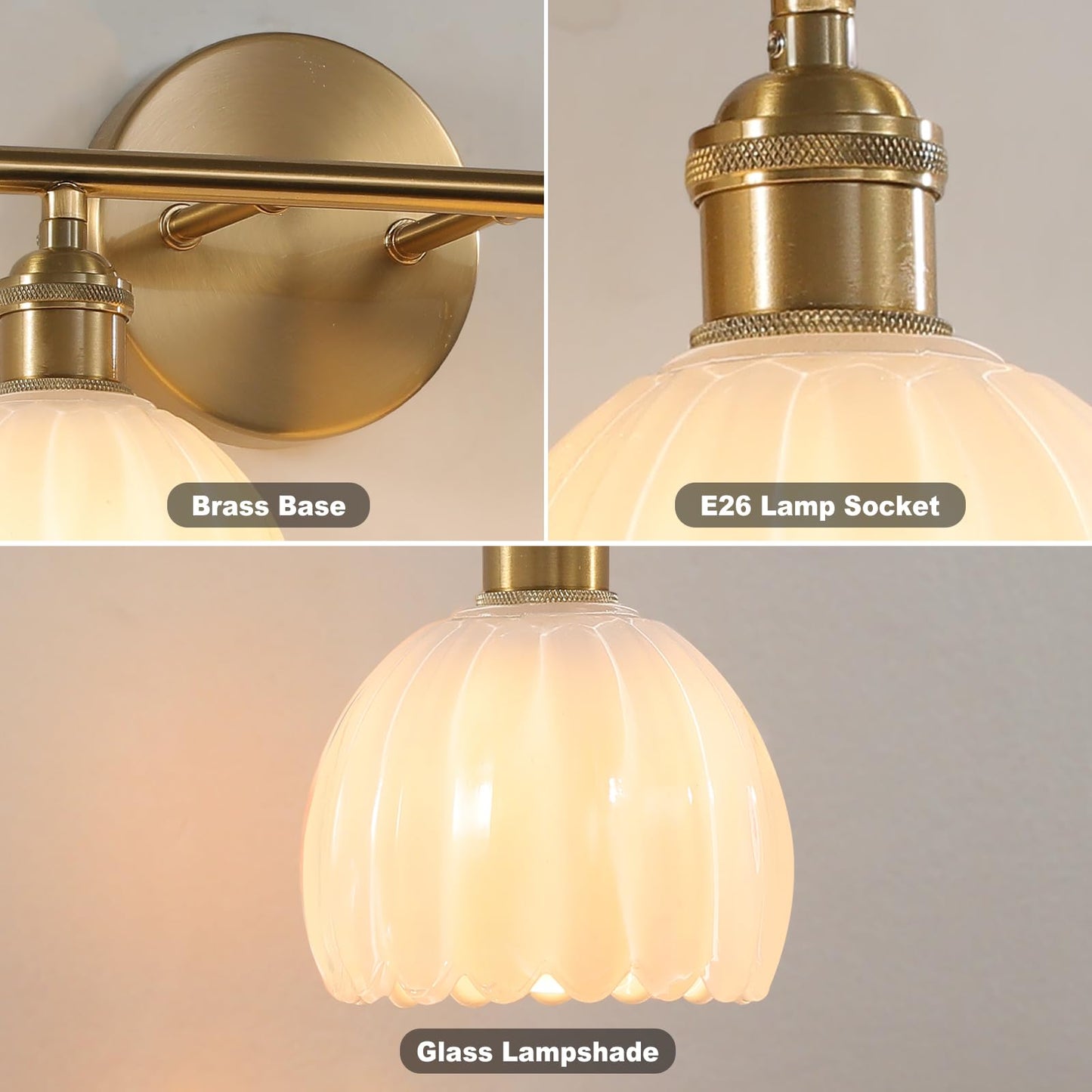 Rnidaipi Bathroom Light Fixtures, 2-Light Vanity Wall Light Over Mirror with White Tulip Glass Shade for Bedroom Living Room, Brass Gold