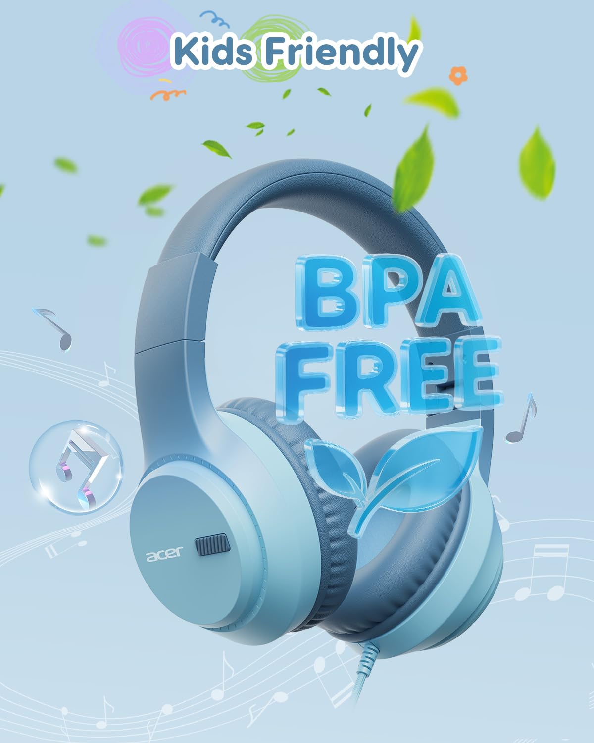 Acer Kids Headphones, 74/85/94dB Volume Limiter, Foldable Wired Over Ear Headphones for Travel, 3.5mm Jack, Toddler Headphones for School, iPad