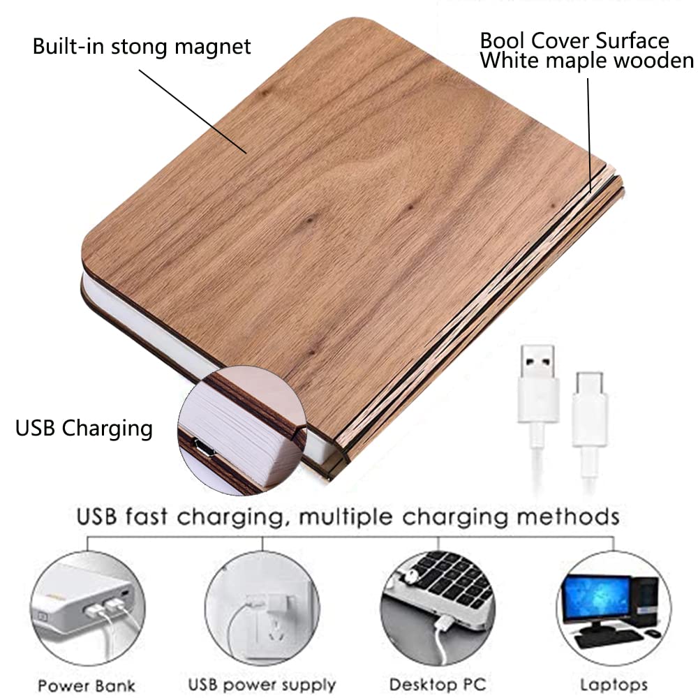 Ochangqi Wooden Book Light, Novelty Folding Book Lamp, 3 Colors Folding Night Light, Portable Desk Light USB Rechargeable Wooden Table Lamp Magnetic