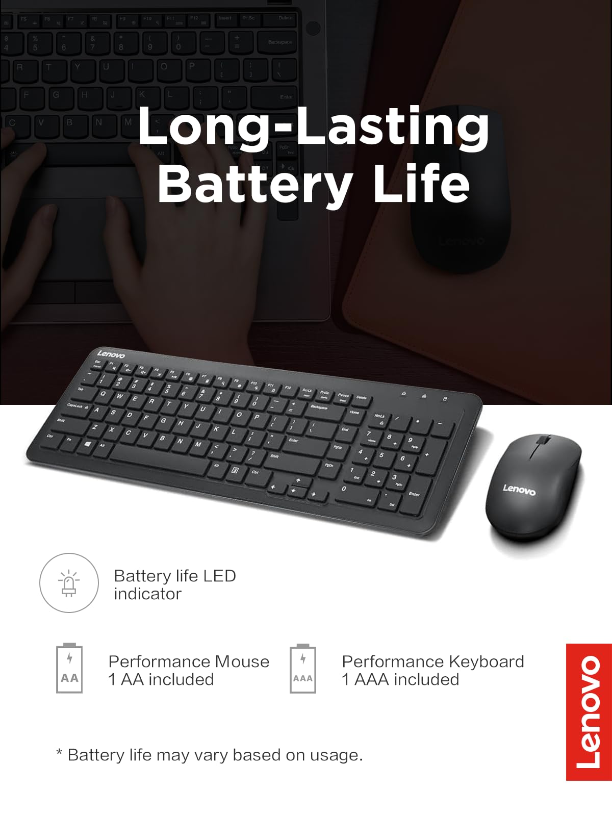 Lenovo 300 Wireless Combo Keyboard and Mouse, 2.4 GHz Nano USB-A Receiver, Batteries Included