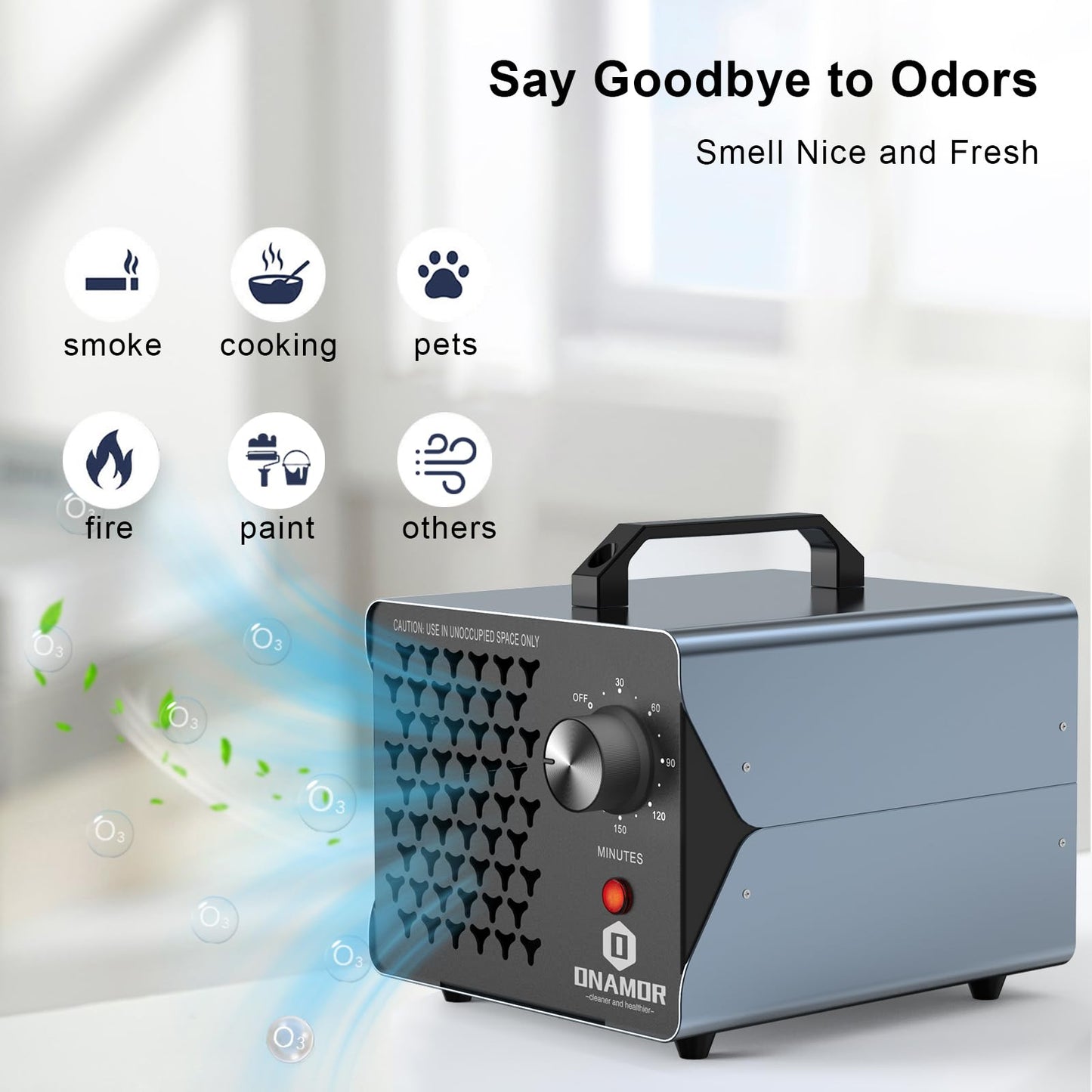 ONAMOR Ozone Generator 83,000mg - Ozone Machine for Home, Smoke, Car, and Pet Room. (Suitable for Area of 6,000 Square Feet) - Gray