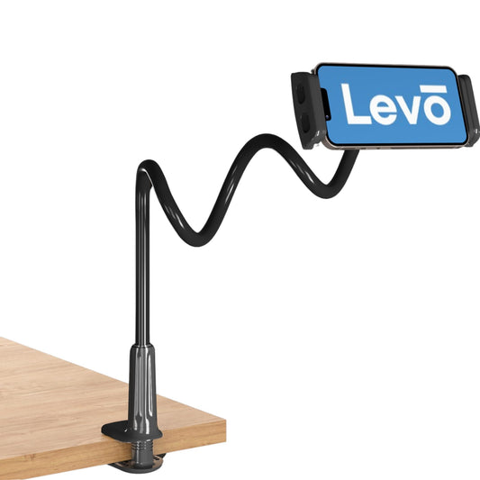 LEVO Adjustable Cell Phone Holder - Clamping Gooseneck Phone Mount with Flexible Long Arm - Hands-Free Smartphone Holder for Desk, Bed, Headboard