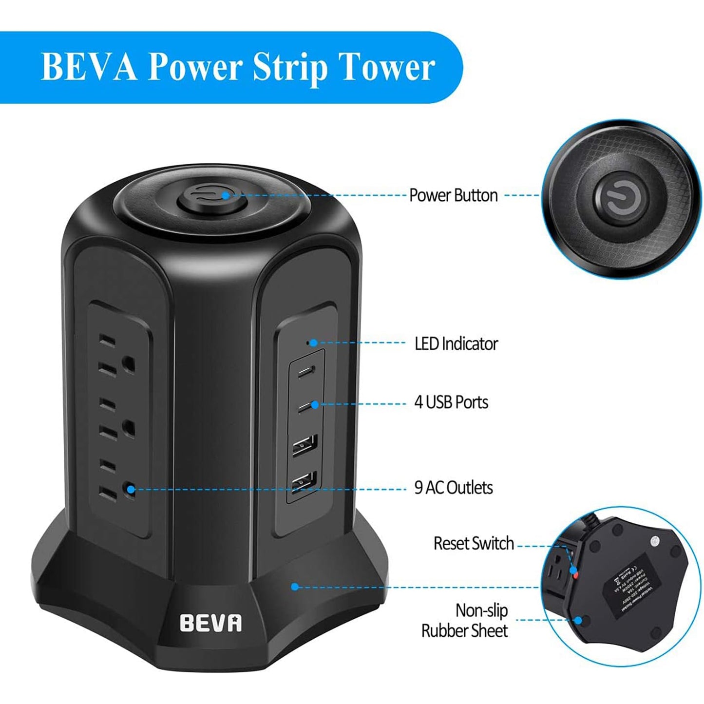 Power Strip Tower Surge Protector BEVA 10ft Flat Plug Desktop Charging Station 9 AC Outlets 4 USB Ports, 900 Joules, Long Extension Cord for Home