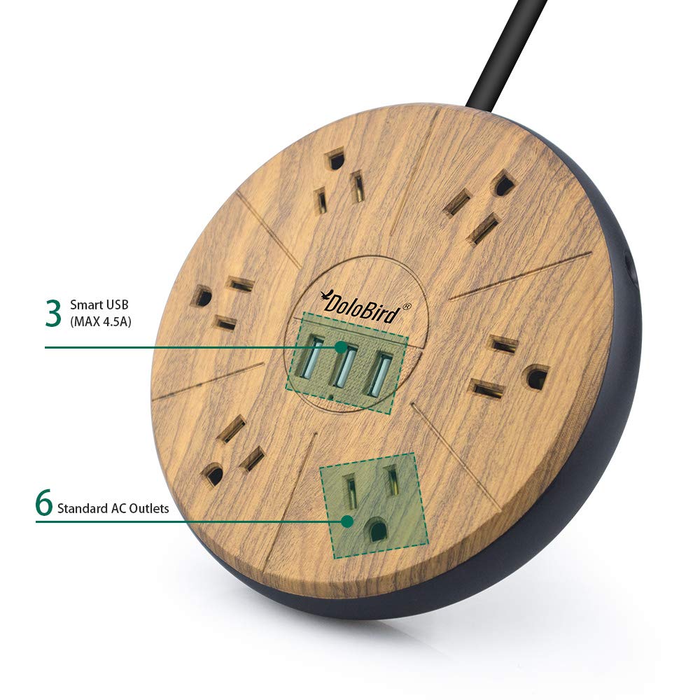 Power Strip Surge Protector 6 AC outlets with 3 USB Ports Charging Station Long Extension Cord Right Angle Flat Plug Widely Spaced Multi Outlets