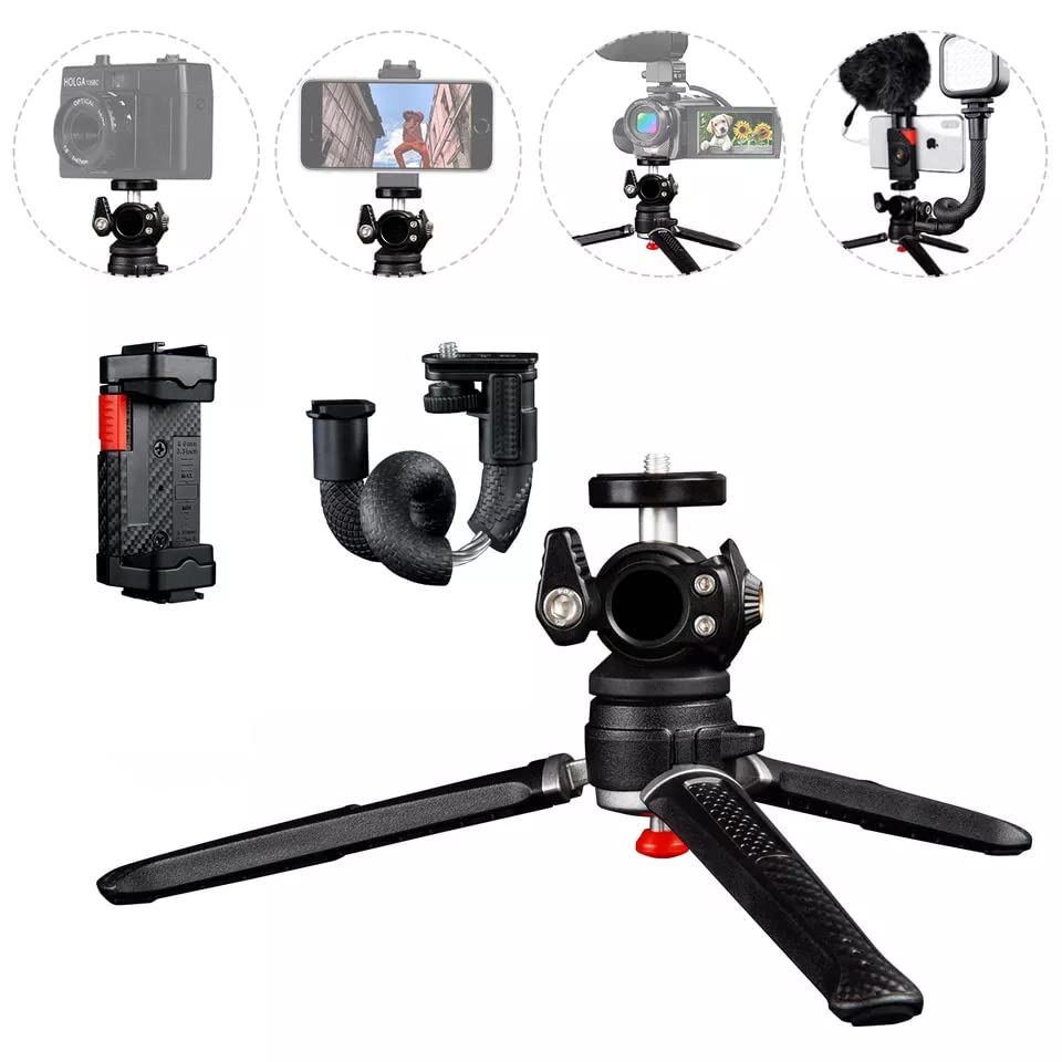 Portable & Sturdy Adjustable Phone Tripod,Cell Phone Mount Easy to Adjust 360° Ball Head, Mini Tripod with Cold Shoe Mount, 1/4'' Screw for Magic