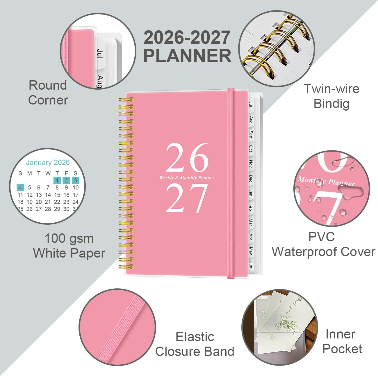 2026-2027 Planner - A5 Weekly & Monthly Planners Spiral Bound, July 2026 - June 2027, 2026-2027 Planner with Flexible Cover, Tabs, Inner Pocket, 6.4"