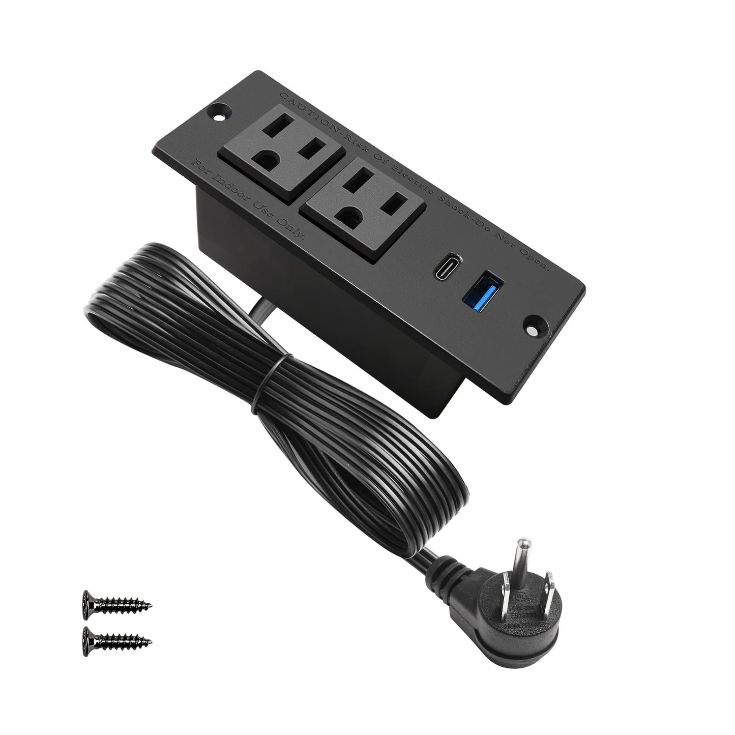 USB C Recessed Power Strip Fast Charge Desktop Power Station 2 Outlets 2 USB (PD20W & QC18W, Total 20W) Mountable Flat Plug Extension Cord Mount