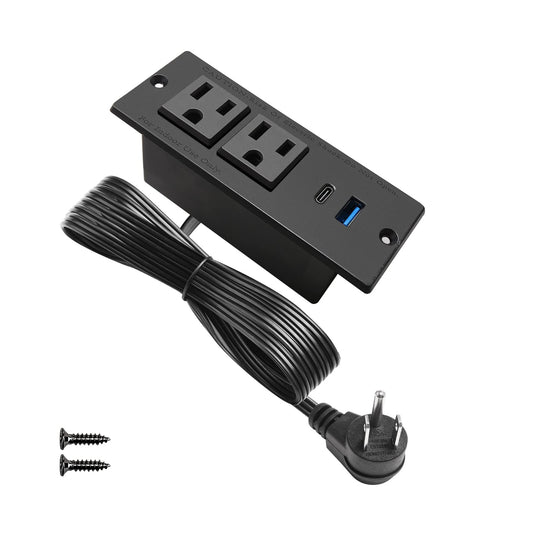 USB C Recessed Power Strip Fast Charge Desktop Power Station 2 Outlets 2 USB (PD20W & QC18W, Total 20W) Mountable Flat Plug Extension Cord Mount