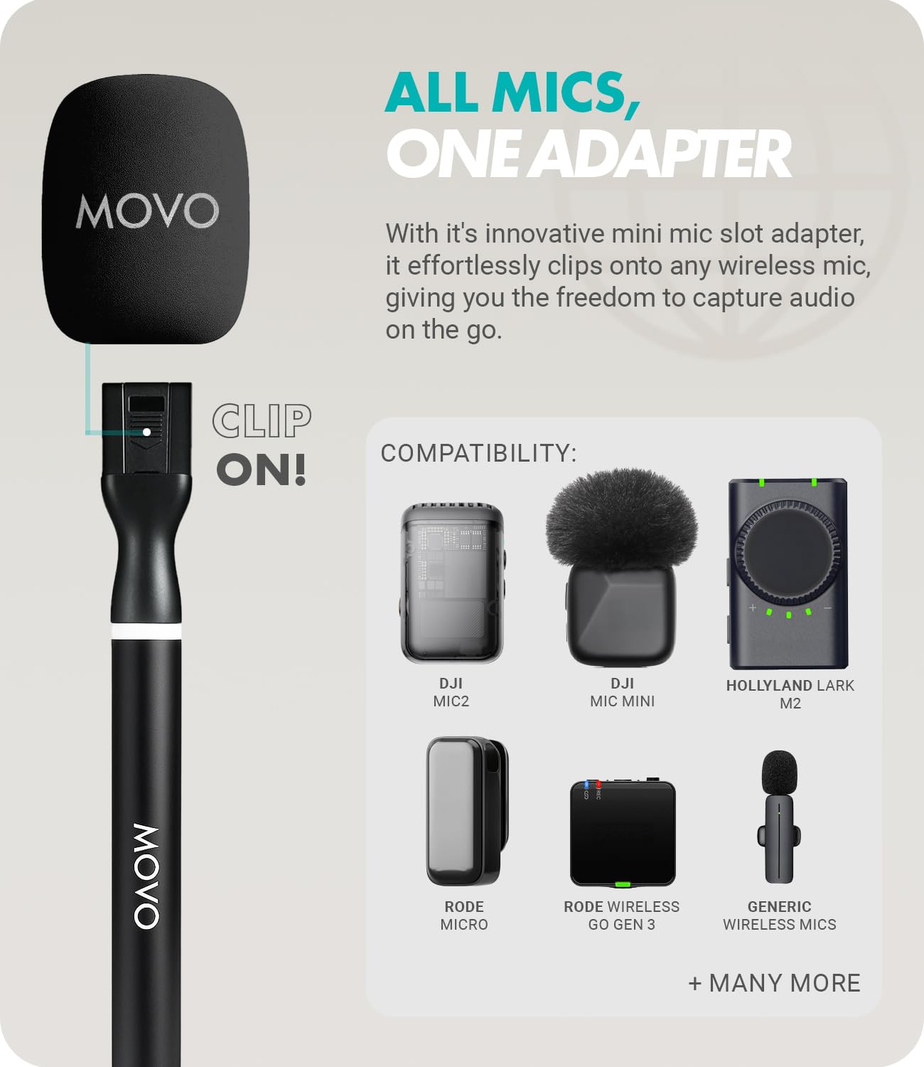 Movo WMX-HM2 Wireless Microphone Handle for DJI Mic, Rode GO II - Handheld Interview Grip with Mic Holder, Adapter & 3 Windscreens - for YouTube