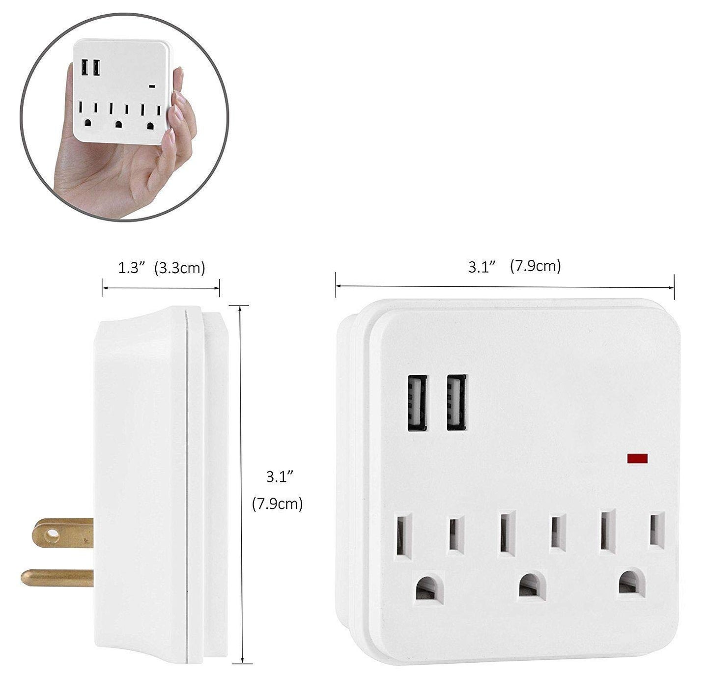 Seven Star 3 Outlets Wall Tap Surge Protector with 2 USB Ports - 300 Joules of Surge Protection AC Power Plug