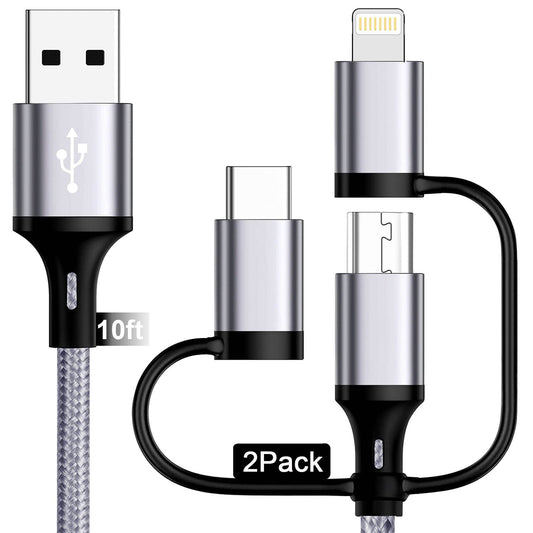 Multi Charging Cable [10ft 2Pack] 3 in 1 USB Charger Cable Nylon Braided Fast Charging Cords Chargers for Multiple Devices with Lightning/Type…