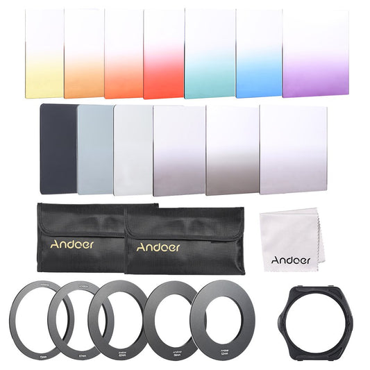 Andoer 13pcs Square Gradient Full Color Filter Bundle Kit for Cokin P Series with Filter Holder + Adapter Ring(52mm / 58mm / 62mm / 67mm / 72mm) +